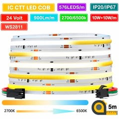Tira de LED COB direccionable WS2811 de 5 metros con 576 LED por metro y alimentación de 24 V CC.