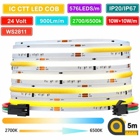 Tira LED COB CCT WS2811 de 24 V: 576 LED/m, 900 lm/m, 10+10 W/m, 2700-6500 K, IP20 o IP67