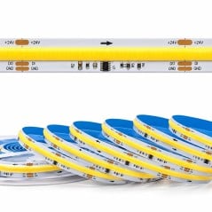 Schaltung des COB-CCT-LED-Streifens mit Pads +24V, DI, DO und GND sowie aufgewickelten Spulen