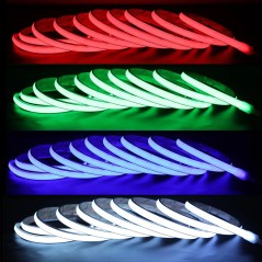 Néon LED RGB+CCT allumé en rouge, vert, bleu et blanc : lumière continue sans points
