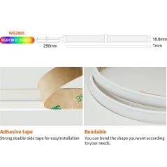WS2805 LED neon dimensions: 18.6 x 7 mm profile, 250 mm cable, double-sided adhesive, and flexible profile