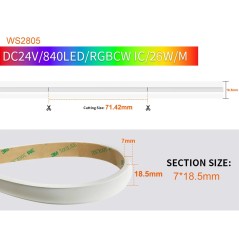 Neon-LED WS2805 mit 24 V, 840 LEDs/m, 26 W/m und Schnitt alle 71,42 mm, Querschnitt 7 x 18,5 mm