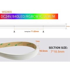 Neon LED WS2805 op 24 V met 840 LED/m, 26 W/m en snijpunt elke 71,42 mm, doorsnede 7 x 18,5 mm