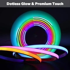 Adressierbares RGB+CCT COB-LED-Neon in Spiralform mit unterschiedlichen Farben entlang des Streifens, ohne sichtbare Punkte