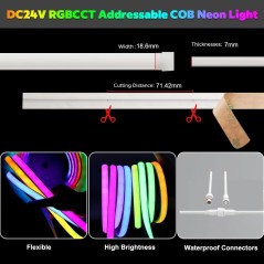 Adressierbares COB-RGBCCT-LED-Neon 24 V: Breite 18,6 mm, Schnitt 71,42 mm, wasserdichte Steckverbinder