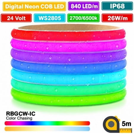Adressierbarer COB-LED-Neonstreifen RGB+CCT WS2805 24V IP68 Wasserdicht 5 Meter