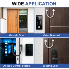 Pasacables montado en el portón, videoportero, teclado de control de accesos y cerradura eléctrica