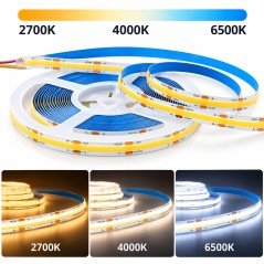 COB CCT LED strip with adjustable white temperature: 2700 K warm, 4000 K natural, and 6500 K cool