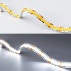 Flexible wave-folded COB CCT LED strip, lit in warm white and cool white