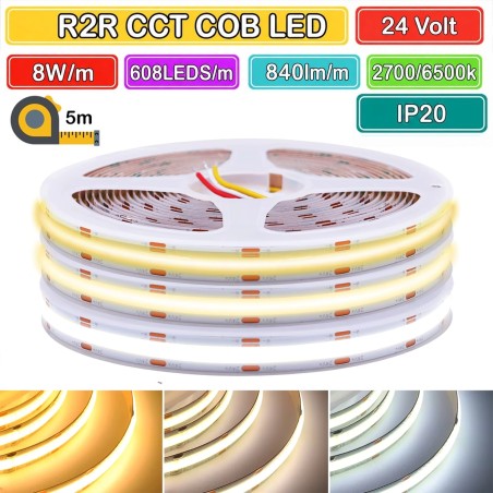 608 LEDs por metro DC24V 2700-6500K Tira de LED COB de 5 metros con temperatura de color controlada