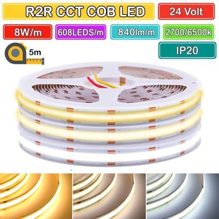608 LEDs pro Meter, DC 24 V, 2700–6500 K, 5 Meter CCT COB-LED-Streifen