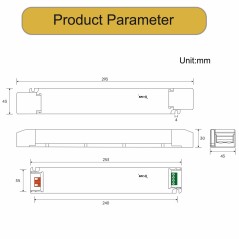 Dimensioni del driver LED Matter da 75 W: 293 x 43 x 30 mm, con la posizione dell'area NFC