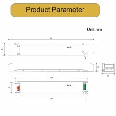Dimensions of the 75 W Matter LED driver: 293 x 43 x 30 mm, showing the location of the NFC area
