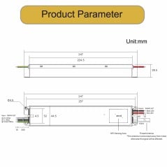 Dimensiones del driver LED Matter de 60 W y 96 W: 247 x 44,5 x 28,5 mm, con las cotas de fijación