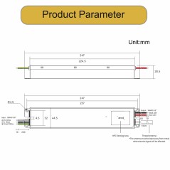 Dimensions du driver LED Matter de 60 W et 96 W : 247 x 44,5 x 28,5 mm, avec les cotes de fixation