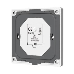 Rear of the TL1 touch panel for dimmable LEDs: mounting plate and CR2032 battery compartment