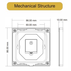 Dimensioni del pannello touch: 86 x 86 mm, spessore 10 mm e fori di fissaggio a 60 mm