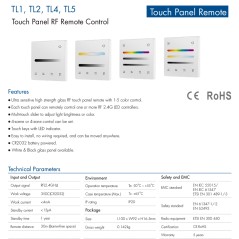 Technical specifications for TL1, TL2, TL4 and TL5 touch panels: RF remote control features and parameters