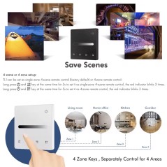 Single-color touch panel: saved scenes and four zone buttons for the living room, study, kitchen and hallway