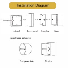 Touch panel installation: base plate mounted on a round European wall box or an 86-type wall box