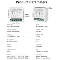 Dimensions du module interrupteur WiFi : 39,2 x 39,2 x 18 mm, avec les principaux paramètres techniques