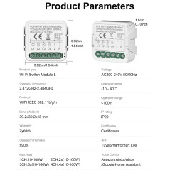 Dimensioni del modulo interruttore WiFi: 39,2 x 39,2 x 18 mm, con i parametri tecnici principali