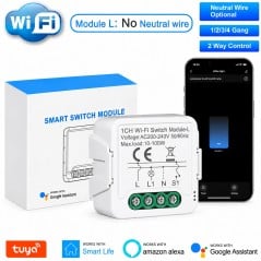 Modulo interruttore WiFi senza neutro a 1 canale con la confezione e l'app Smart Life aperta sul telefono