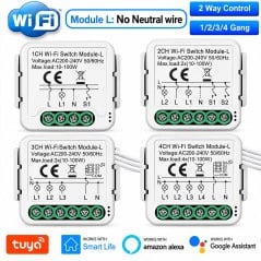 Tuya 1, 2, 3 and 4-channel WiFi switch modules, no neutral required, with screw terminals and two-way control