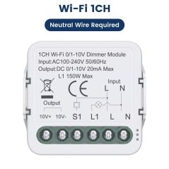 1-Kanal-WLAN-Dimmermodul 0/1-10 V: Eingang AC 100-240 V, Ausgang 0/1-10 V 20 mA, L1 150 W, Neutralleiter erforderlich
