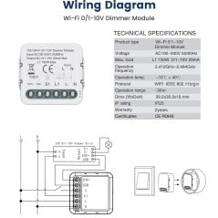 Schema di collegamento del dimmer 0/1-10V WiFi al driver LED, con i dati tecnici della versione WiFi