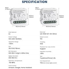 Specifiche del modulo dimmer 0/1-10V: AC 100-240 V, LED 150 W, uscita 20 mA, IP20, WiFi 2,4 GHz e Zigbee