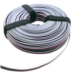 Opgerolde 5-aderige platte kabel, bijeengehouden door twee klittenbandstrips, gezien vanaf de kant van de witte ader