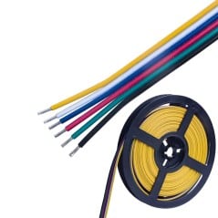 Stripped yellow, white, blue, red, green, and black wires of the 22 AWG cable, in front of the cable spool