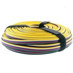 Rollo de cable plano de 6 hilos sujeto con dos bridas de velcro, visto desde el lado del hilo amarillo