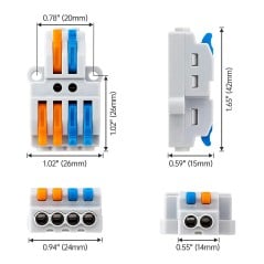 Dimensions of the lever connector with 2 inputs and 4 outputs, front, side and top views