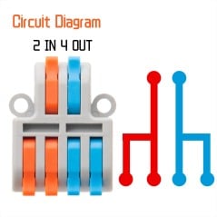 2-in, 4-out connector diagram: each input supplies two outputs, across two separate circuits