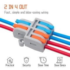 Connettore a leva 2 in 4 out con due linee di cavi: collegamento rapido senza viti