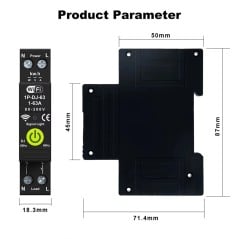 Dimensioni dell'interruttore WiFi da guida DIN: 18,3 mm di larghezza, 87 mm di altezza, 71,4 mm di profondità