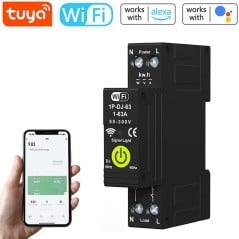 Interruptor automático WiFi Tuya 1-63A para riel DIN con medición bidireccional de consumo y dispersión.