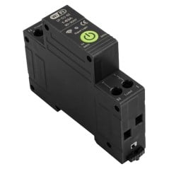 Slimme WiFi-installatieautomaat 1-63A in driekwartaanzicht, met groene aan-uitknop