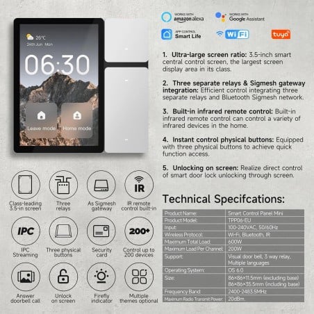 Tuya 3,5" slim wifi-touchscreen voor domotica met relais, Bluetooth-gateway en IR-functionaliteit