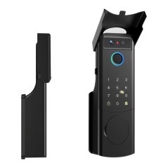 Black smart lock shown from the side and front, with a rain cover above the camera