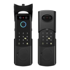 Front view of the lock with the cover raised and lowered over the camera and fingerprint reader