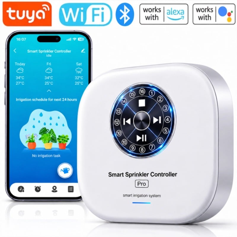 Unidad de control de riego inteligente Tuya de 12 zonas con WiFi y Bluetooth, control de bomba y sensor de lluvia.
