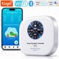 Centralina irrigazione Tuya WiFi a 12 zone con l'app aperta sul telefono, compatibile con Alexa e Google Home