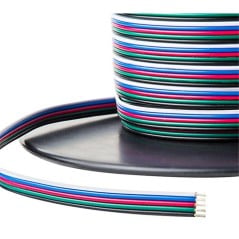 Five-conductor flat cable wound on a spool, with the end stripped and the strands tinned