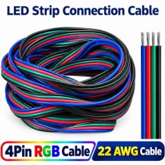 Cable para tiras LED RGB de 4 pines, 22 AWG, en rollo, con los hilos negro, verde, rojo y azul pelados en los extremos