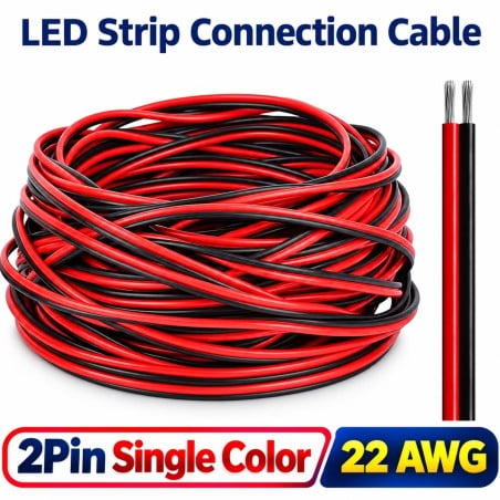 Kabel voor eenkleurige ledstrips, 2-pins, 22 AWG, op rol, met rode en zwarte draden die aan de uiteinden zijn gestript