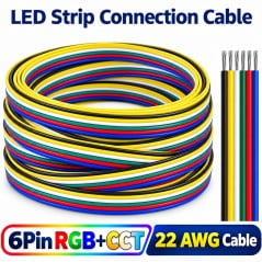 22 AWG 6-pin cable for RGB+CCT LED strips, supplied in a coil, with six color-coded wires stripped at the ends