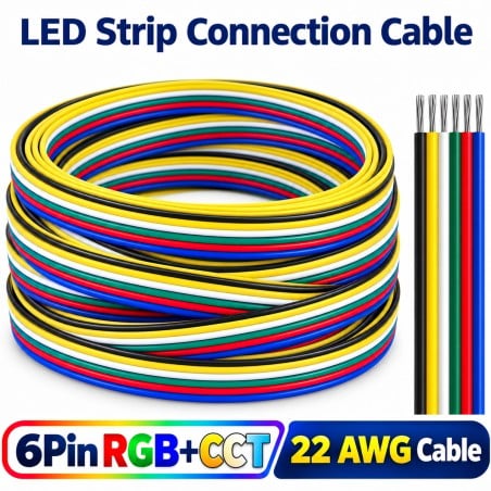 Cavo per strisce LED RGB+CCT a 6 pin 22 AWG in matassa, con i sei fili colorati spellati alle estremità